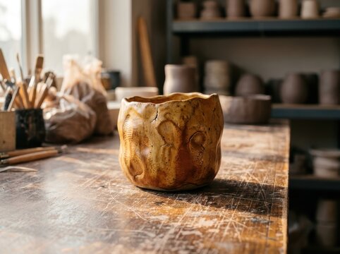 Handmade Ceramic Piece Drying On A Rustic Wooden Workbench In A Pottery Studio