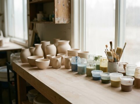 Handmade Ceramic Pots Drying On A Rustic Wooden Workbench In A Pottery Studio