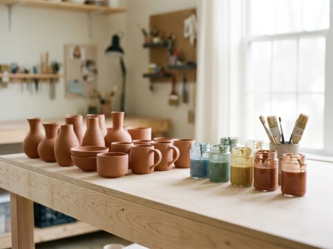 Handmade Ceramic Pots Drying On A Rustic Wooden Workbench In A Pottery Studio