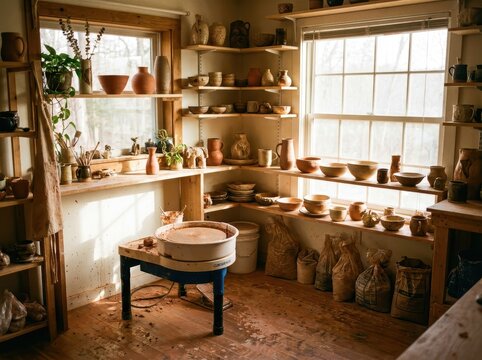 Ceramics Studio Interior With Pottery Wheel, Clay, And Tools, Showcasing A Creative Workspace.