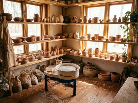 Ceramics Studio Interior With Pottery, Tools, And Natural Light, Evoking Creativity And Craftsmanship