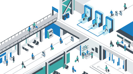 Obraz premium Isometric view of a smart airport terminal with scattered minimalist travelers, glowing biometric gates, and small AI helper bots. Lots of white space, clean architectural lines. Trace