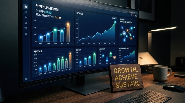 Financial data dashboard on computer monitor featuring revenue growth charts, bar graphs, and predictive analysis on a dark wooden desk with motivational wooden sign and mug.