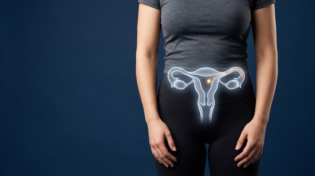 Female reproductive system anatomical illustration on woman's abdomen for fertility and ovulation concept