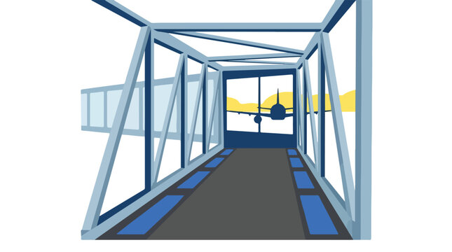 A perspective view of a futuristic glass boarding bridge with integrated LED floor panels and a distant airplane silhouette, clean lines, trace optimized, minimalist flat vector artwork, clipart