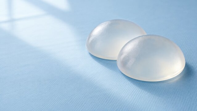 Pair of silicone breast implants on blue background
