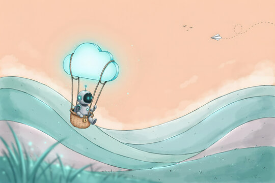 Small robot riding in a glowing cloud-shaped hot air balloon over rolling hills with a paper airplane flying in the orange sunset sky