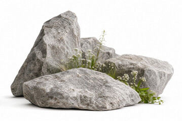 Fototapeta premium Several large gray rocks with rough textures and small green plants growing between them, set against a plain white background. Suitable for nature, landscape, or outdoor design themes.
