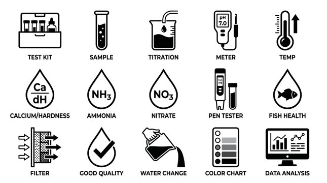 Aquarium Water Testing Kit Icons, Vector Set: Test Kit, Sample, Titration, Meter, Temperature, Calcium, Ammonia, Nitrate, Pen Tester, Fish Health, Filter, Good Quality, Water Change, Color Chart