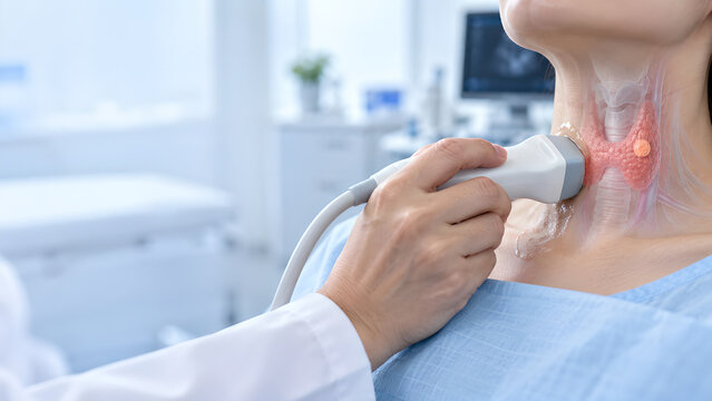 Neck lump evaluation with thyroid gland and subtle nodule, photorealistic medical website banner with realistic neck anatomy, soft clinical lighting and copy space for healthcare education