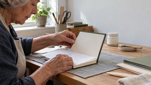 Senior artisan aligning endpaper on a handmade book