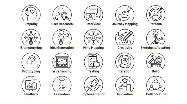 Set of minimalist design thinking icons representing business innovation process