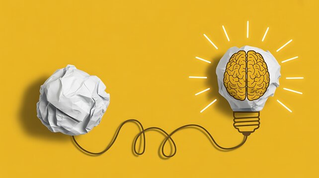 Creative thinking concept with brain light bulb and crumpled paper on yellow background