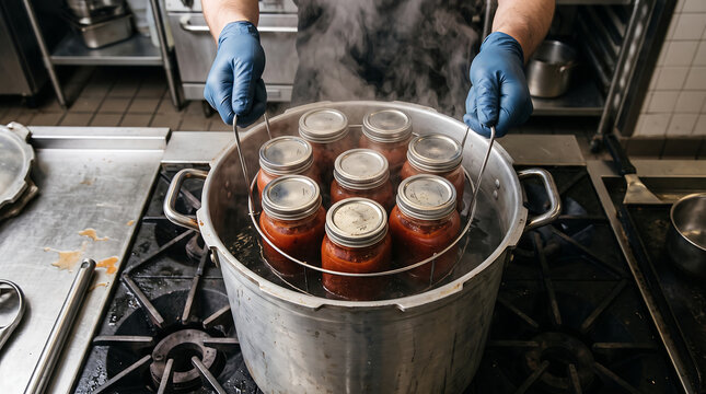 Person wearing gloves lowering rack of sealed mason jars filled with tomato sauce into large pressure canner pot for home canning process