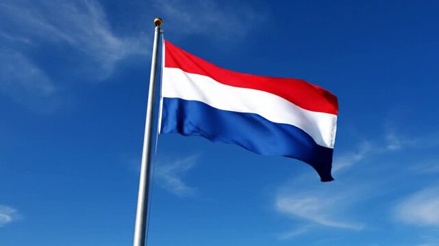 The national flag of the netherlands waving against a clear blue sky, featuring horizontal stripes of red, white, and blue