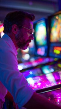 A man enjoys playing a vintage pinball machine in a vibrant arcade filled with colorful lights and retro games, creating a nostalgic atmosphere.