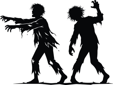 Creepy black and white vector silhouette of two tattered zombies walking together in a spooky horde for horror party graphics