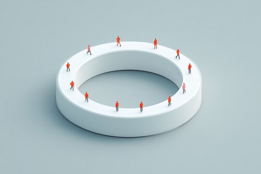 Isometric view of a floating white ring walkway with tiny people walking along it, cycle and continuity concept, 3D illustration