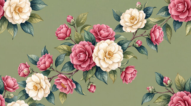 Camellia Watercolor Repeat Pattern