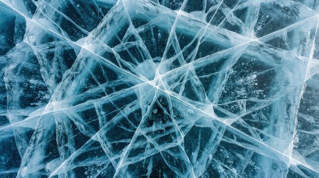 High resolution of intricate ice fractures in deep blue frozen lake creating complex geometric patterns