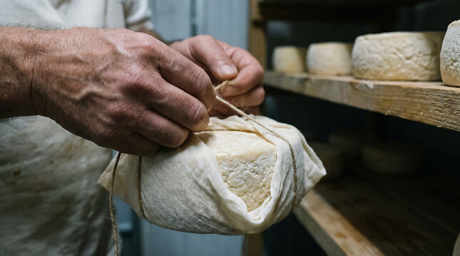 Artisan cheesemaker hands wrapping fresh homemade cheese wheel in cheesecloth tying string with aging cheese wheels on wooden shelf
