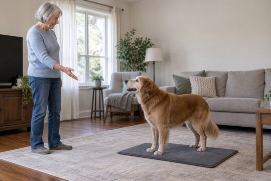 Senior woman training golden retriever dog in living room