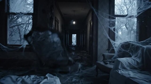 Spooky Haunted House Interior with Cobwebs and Paranormal Activity