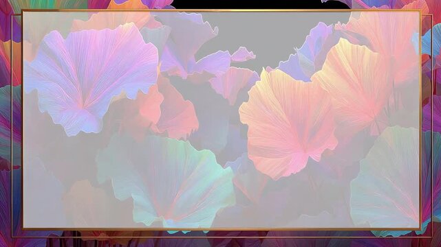 Glowing white rectangular frame with frosted glass pane overlay over iridescent pastel tropical foliage background