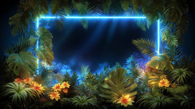 Glowing blue neon rectangle frame surrounded by tropical monstera foliage, palm leaves, and bright yellow flowers at night