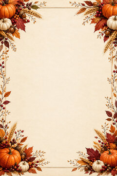 Vertical Autumn Fall Frame Border Template with Pumpkins and Leaves