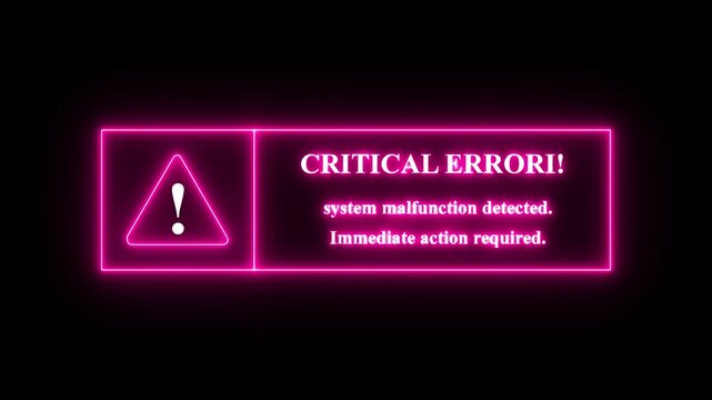 glowing neon Exclamation mark system failure style neon frame critical error icon on black background. system malfunction detected. immediate action required neon text ...