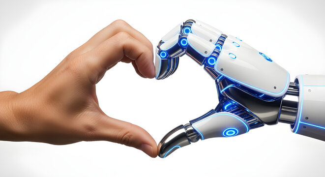 Robot hand and human hand making a heart shape symbol representing future artificial intelligence love connection