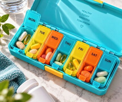 Vitamin organizer tray for weekly use in bright colors
