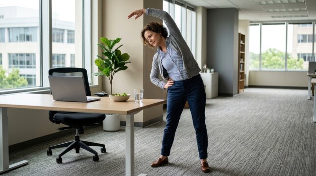 Woman stretching beside laptop desk in a bright modern office, standing with arm overhead during a work break, calm corporate wellness scene for office health and productivity concepts