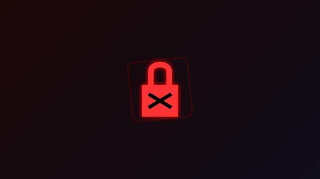 Digital security warning sign with a glowing red locked padlock and an error cross symbol on a dark background showing system failure and access restriction