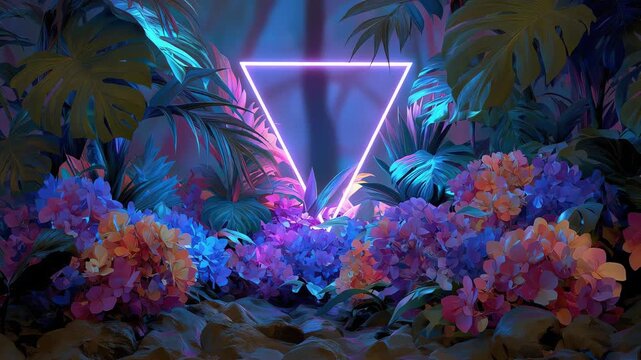 Glowing pink inverted neon triangle frame set in a lush night tropical jungle with monstera leaves and colorful flowers
