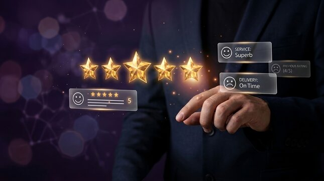 Businessman touching virtual five star rating panel representing excellent customer service feedback and positive quality experience