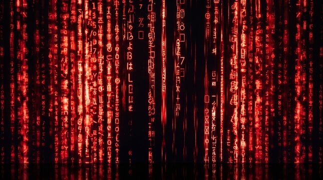 Crimson Digital Rain with Glowing Matrix Code and Symbols Streaming Down Dark Background