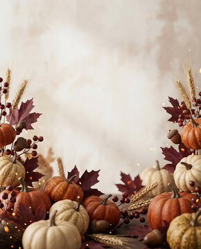 Cozy Autumn Background with Pumpkins and Fall Leaves on Wood