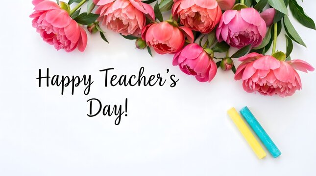 Happy Teacher's Day Greeting with Pink Peonies and Colorful Chalk on White Background