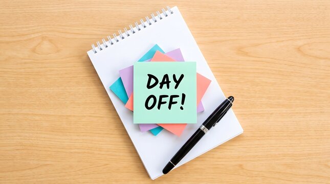 Day Off Sticky Note on Notebook with Marker Pen, Vacation Concept