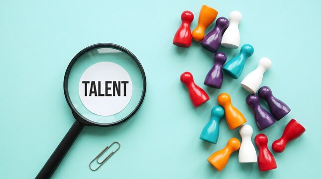 Talent Search Concept with Magnifying Glass and Colorful Pawn Figures on Blue Background