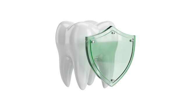 A 3 d rendered white tooth protected by a translucent green shield isolated on a transparent background