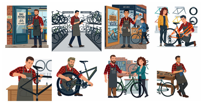 Professional bicycle repair shop service vector illustration set featuring skilled mechanic maintaining bikes and interacting with customers in workshop