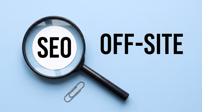 SEO Off-Site Concept with Magnifying Glass on Blue Background, Digital Marketing