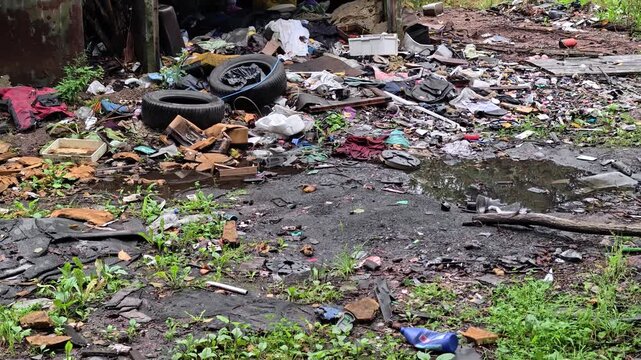 A cluttered shed filled with trash and debris