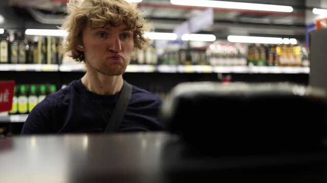 Shopper finds a favorite product with quality ingredients and reacts with pleasant surprise while choosing a healthier option during grocery shopping in a supermarket day