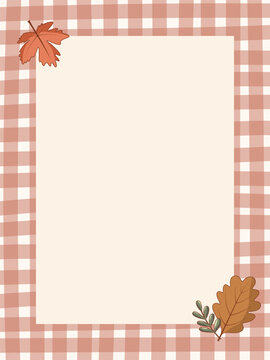 Autumn gingham plaid frame border background vector illustration with fall leaves and empty copy space. Dusty rose checkered pattern frame layout for thanksgiving card, invitation, and seasonal flyer.