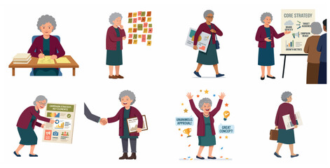 Fototapeta premium Senior Business Woman Character Set in Various Professional Office Scenarios