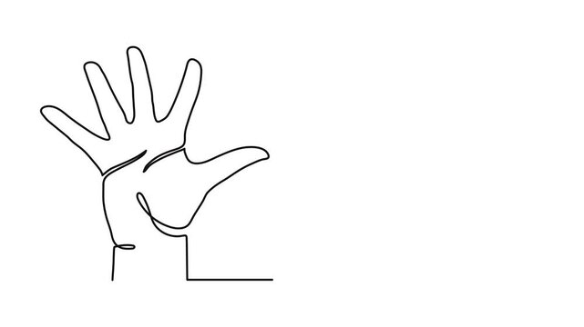 Two human hands showing open palms one line art animation, continuous line drawing friendly gesture ten fingers hello motion, support protection collaboration  4k self-drawing video